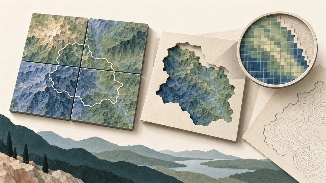 Quatro blocos de elevação formam um mosaico, a área é recortada e uma lente revela a resolução em pixels.
