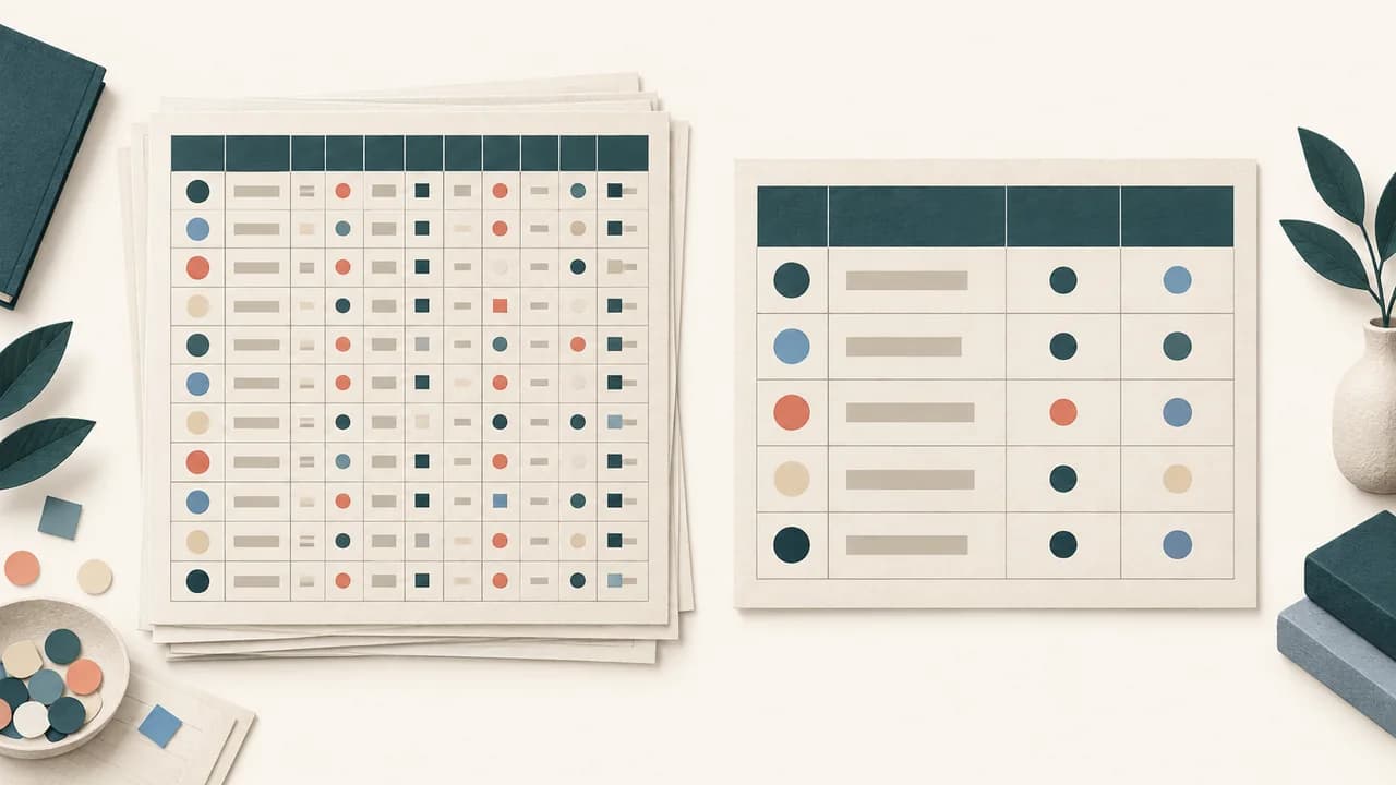 Uma tabela congestionada perde elementos redundantes e passa a destacar apenas as comparações necessárias.