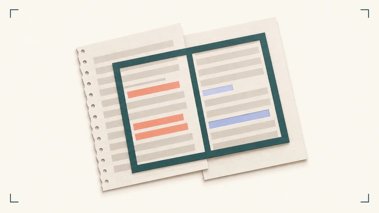 Duas camadas de manuscrito são alinhadas e revelam inserções, exclusões e mudanças de posição.