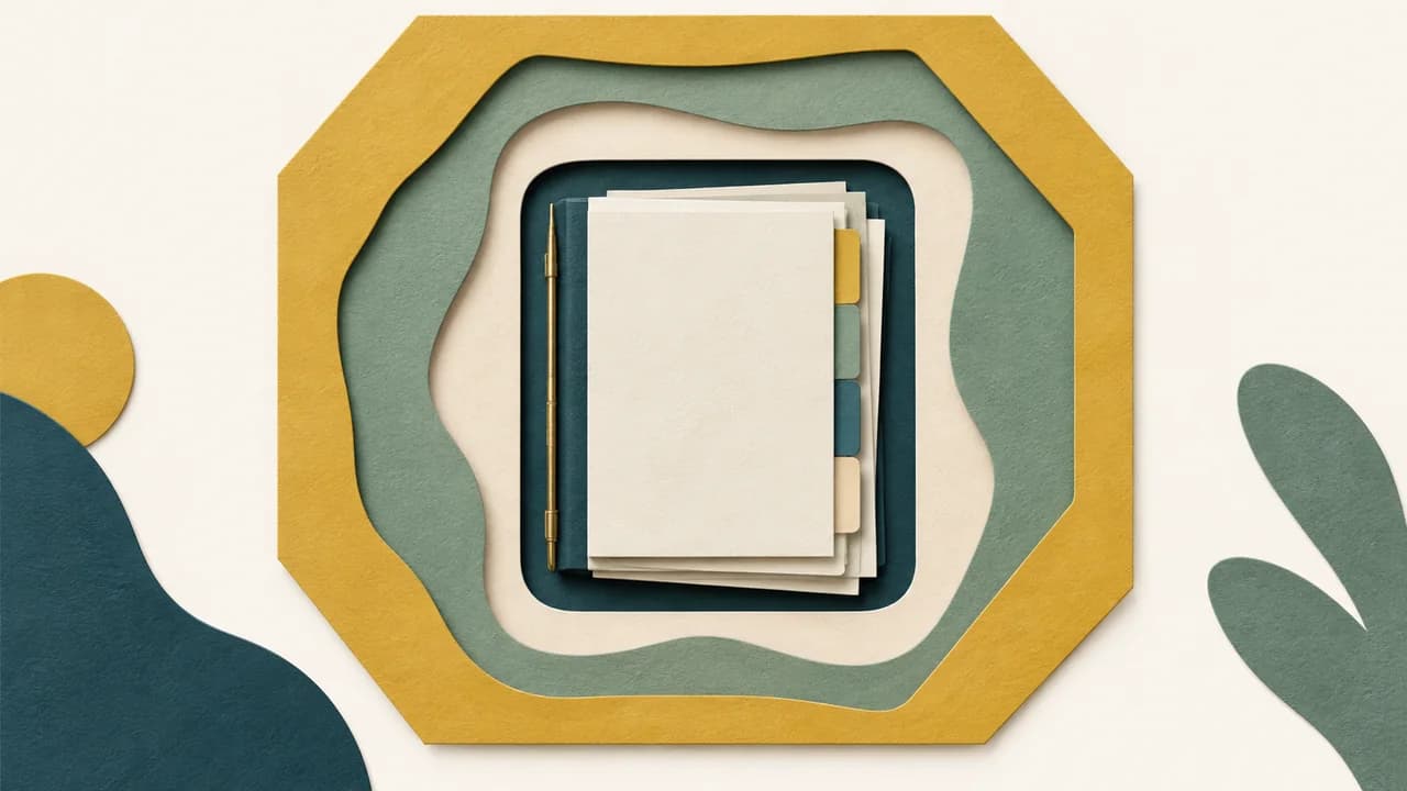 Camadas de papel recortam um campo amplo até revelar no centro um conjunto específico de materiais de pesquisa.