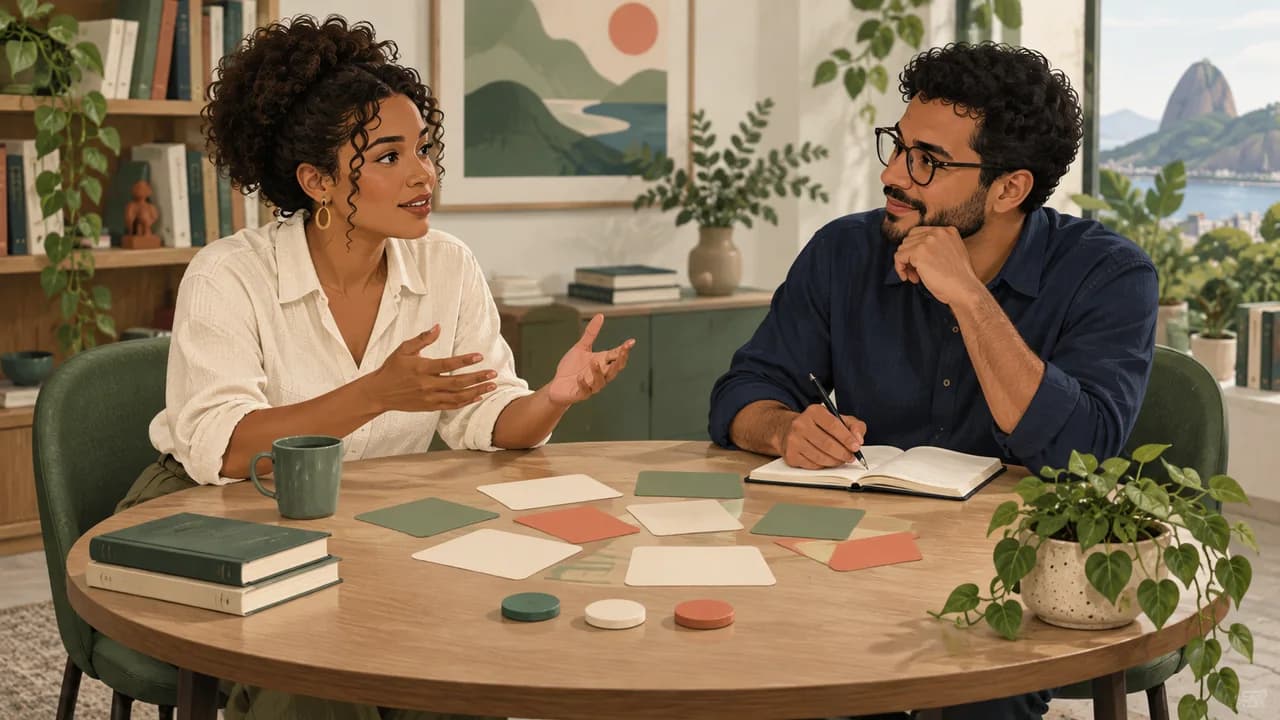 Duas pessoas conversam diante de um mapa flexível de temas para uma entrevista acadêmica