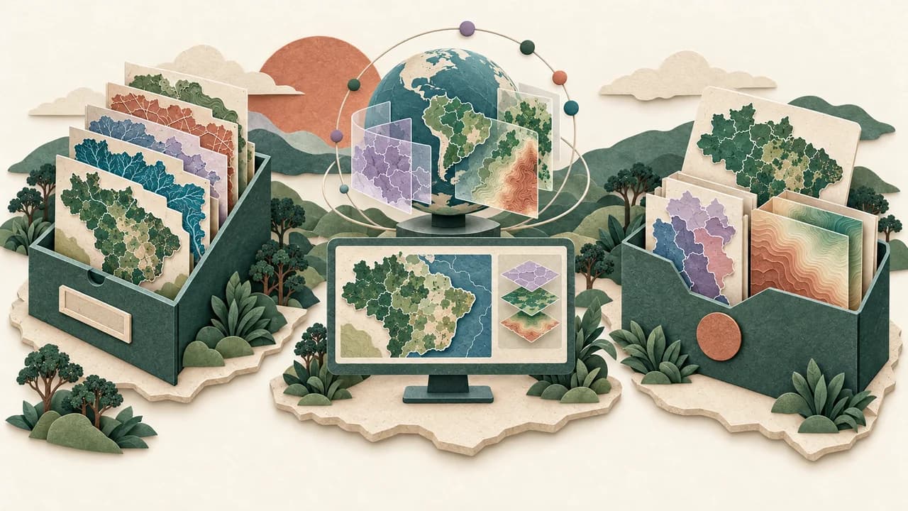 Catálogo, serviço remoto e pacote de download aparecem como formas diferentes de acessar camadas cartográficas.