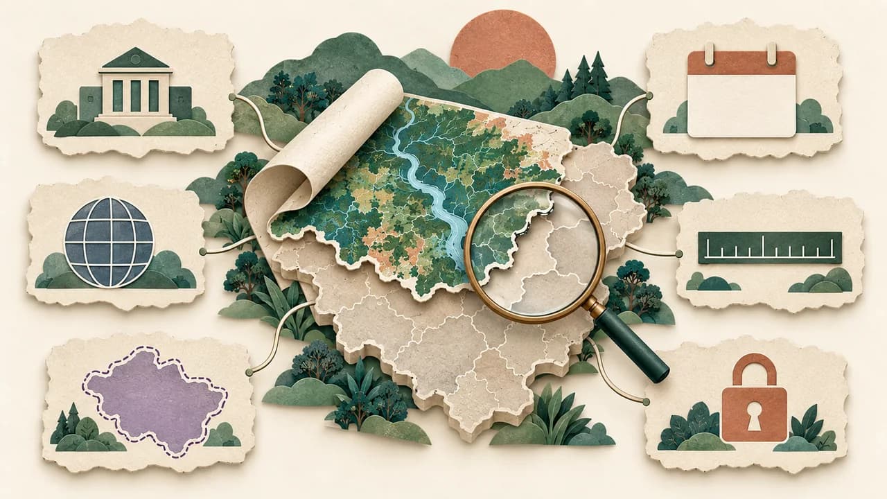 Camada territorial é examinada ao lado de símbolos de produtor, data, escala, referência, cobertura e restrição.
