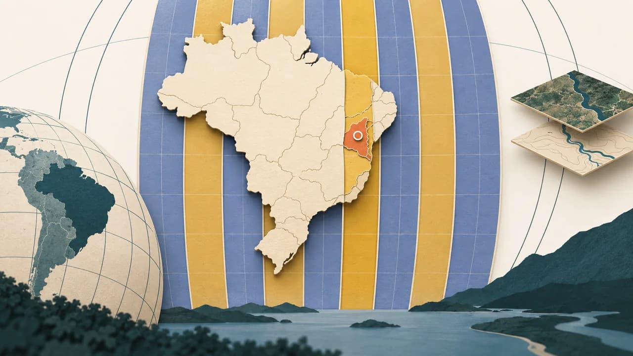 Mapa do Brasil atravessa faixas de coordenadas e destaca uma área de estudo na zona correspondente
