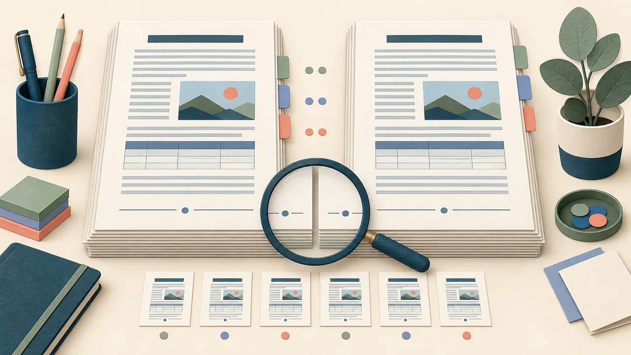 DOCX e PDF são colocados lado a lado para comparar páginas, fontes, links e navegação.
