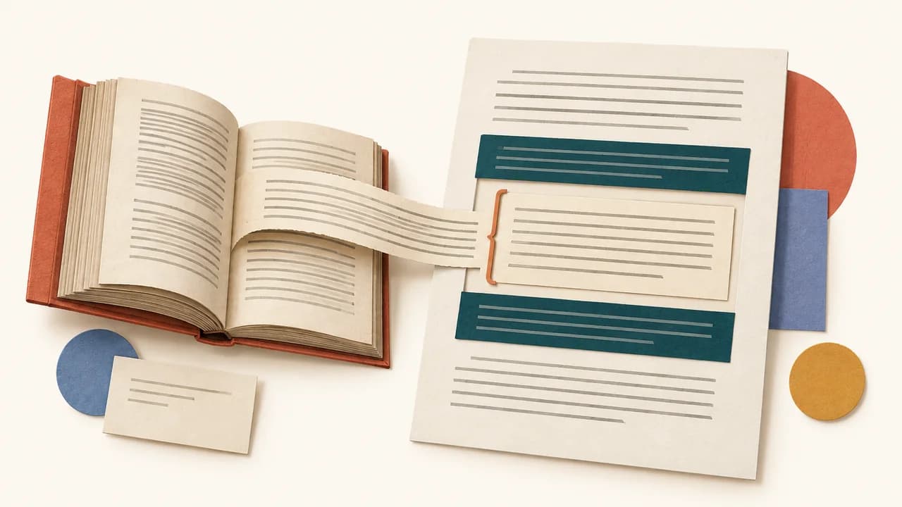 Um trecho contínuo sai de um livro e ocupa um plano recuado dentro do manuscrito, cercado por análise antes e depois.