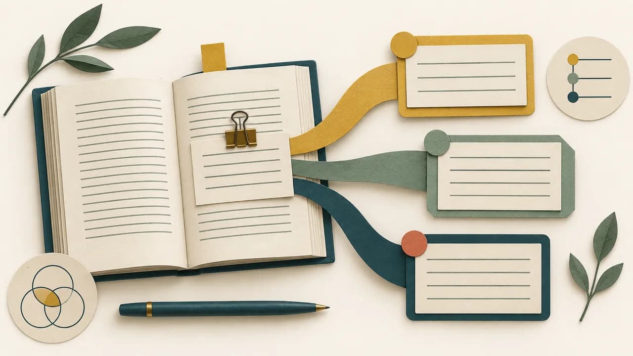 Livro aberto alimenta uma ficha com campos separados para referência, síntese, transcrição e comentário.