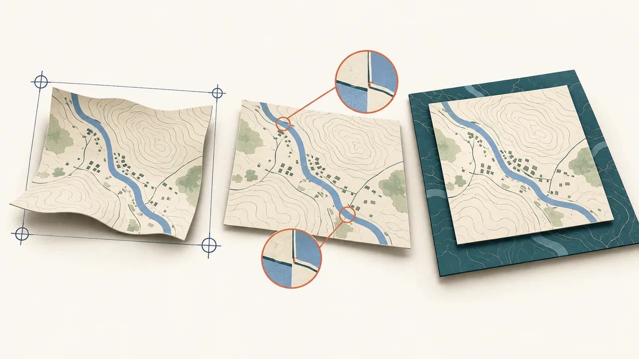O mesmo mapa passa por correção, leitura de resíduos e sobreposição final sobre uma base cartográfica.