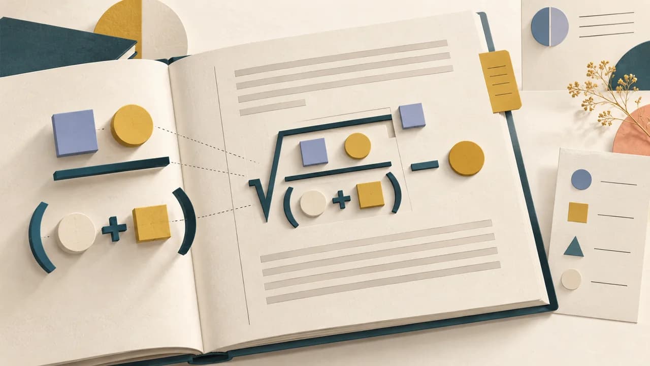 Símbolos matemáticos editáveis formam uma equação integrada às páginas de um TCC
