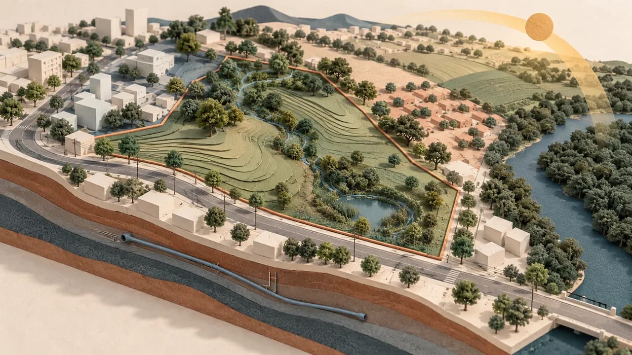 Um terreno é analisado por camadas de limite, relevo, acesso, infraestrutura e entorno