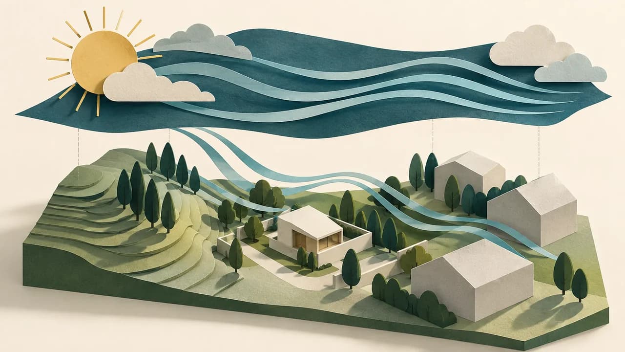 Uma camada regional de clima encontra relevo, vegetação e obstruções do lote antes de chegar ao edifício.