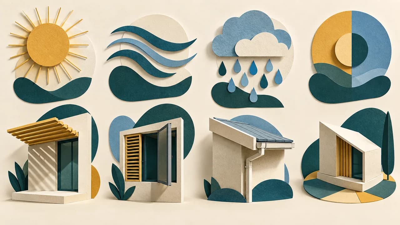 Quatro módulos climáticos se conectam a decisões distintas de implantação, fachada e abertura.
