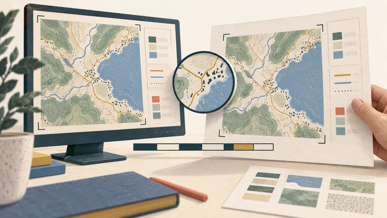 O mesmo mapa aparece no layout digital e na folha impressa, unidos por uma lente e por uma escala gráfica.