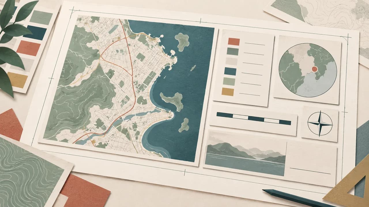 Prancha cartográfica reúne mapa principal, legenda, escala, orientação e quadro de localização