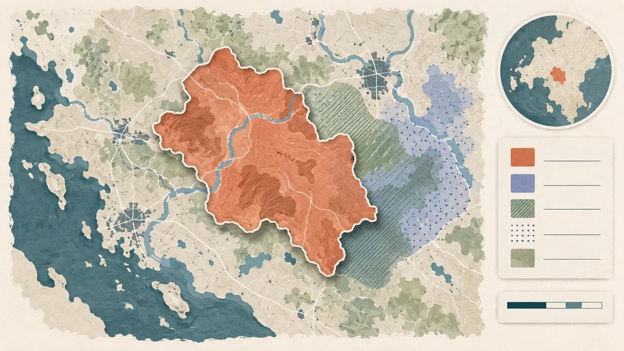Uma área de estudo coral domina o mapa, enquanto contexto, temas e elementos marginais formam níveis secundários.