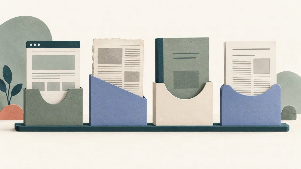 Quatro publicações digitais com estruturas diferentes convergem para fichas de referência que conservam a identidade de cada documento.