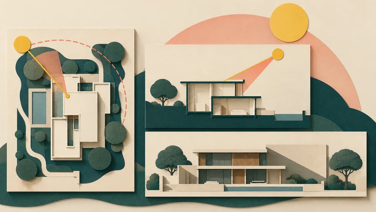 Um disco solar angular se alinha a planta, corte e fachada como três leituras coordenadas.