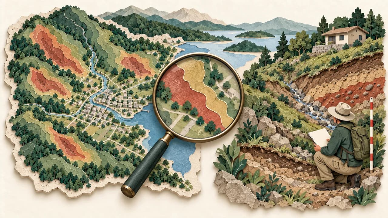 Mapa municipal ampliado revela borda generalizada e conduz a uma observação local de solo, encosta e drenagem.