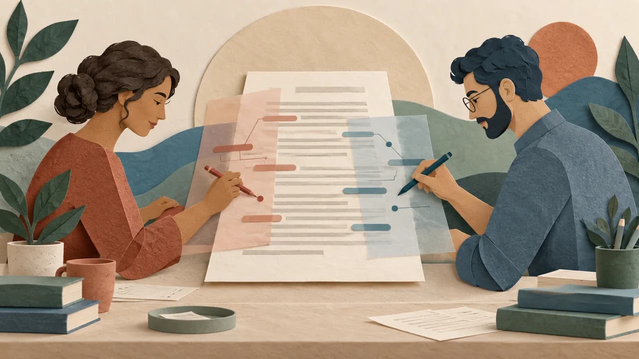 Duas pessoas revisam o mesmo manuscrito em camadas identificáveis e com igual autonomia de sugestão.