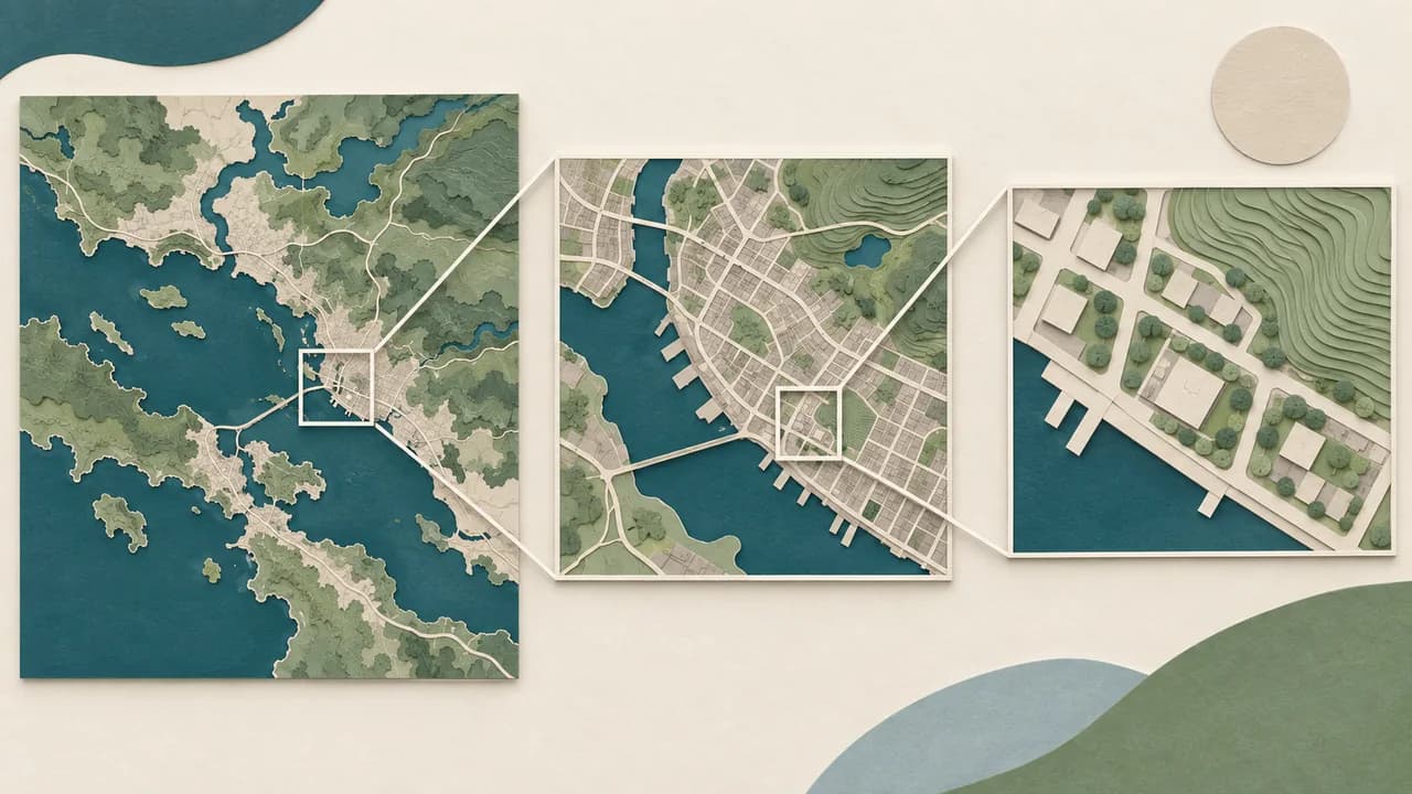 Três molduras de papel aproximam território, bairro e lote com níveis de detalhe explicitamente diferentes.