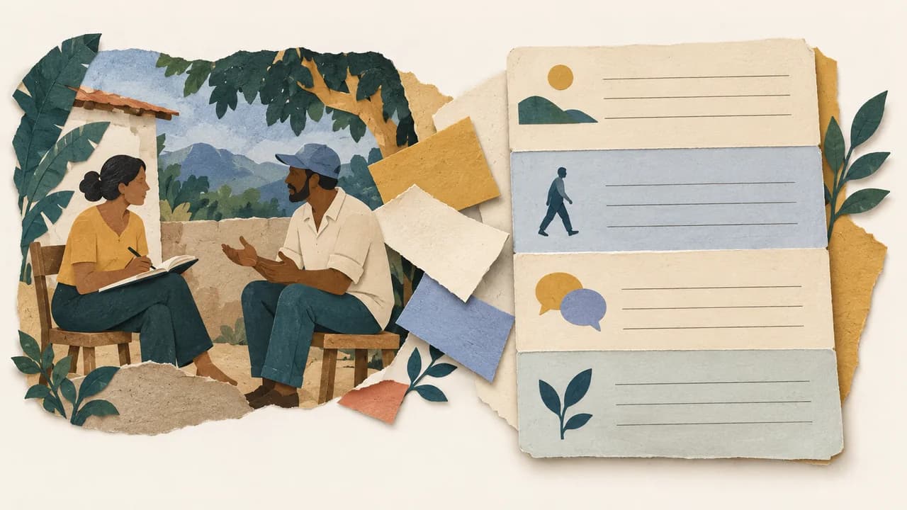 Uma cena observada é convertida em registro datado com campos distintos para contexto, ação, fala e reflexão.