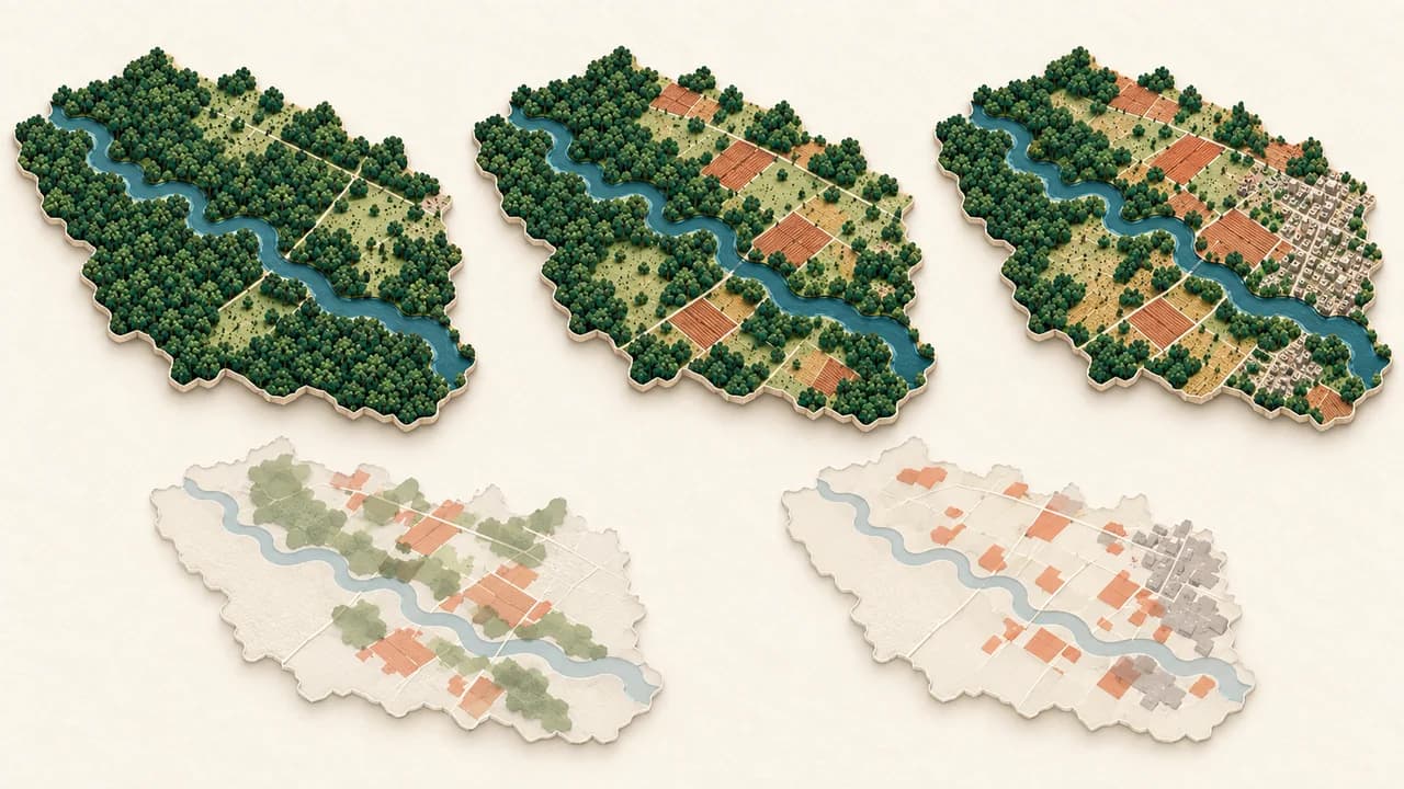 Três mapas com a mesma geometria mostram transformação gradual da floresta em áreas produtivas e urbanas.