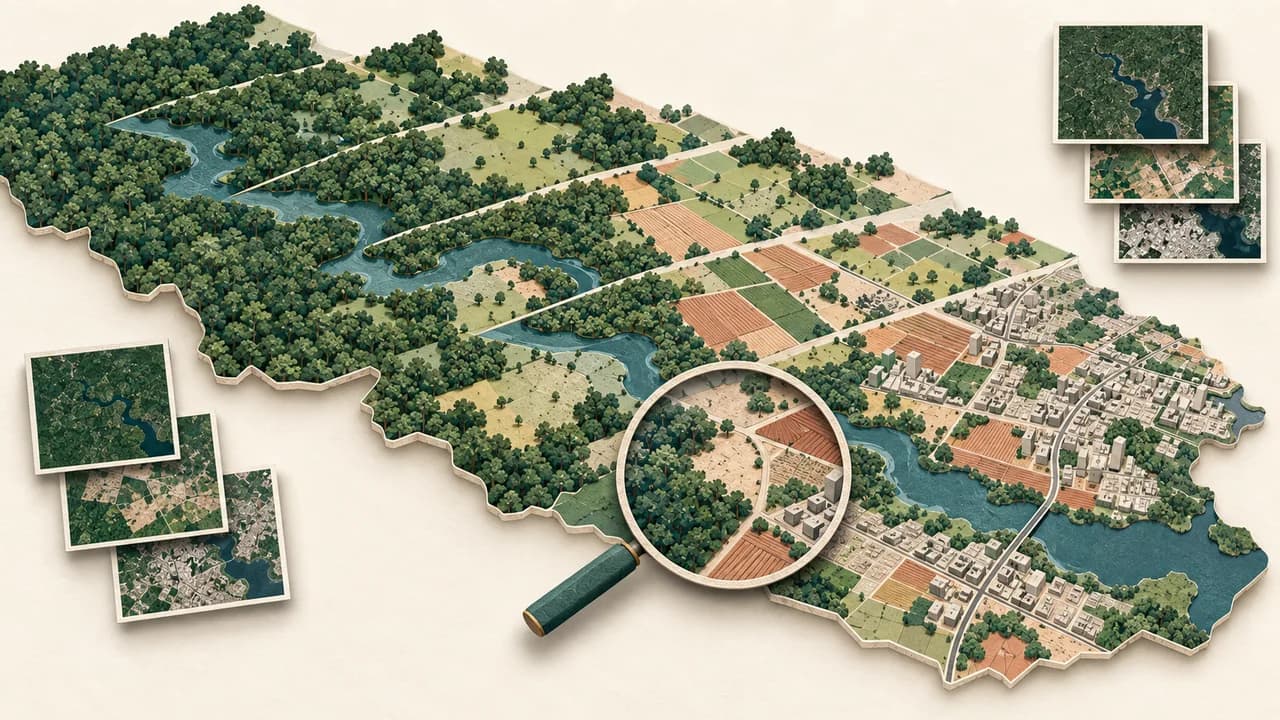 Mosaico territorial em papel reúne floresta, agropecuária, cidade e água sob uma lupa