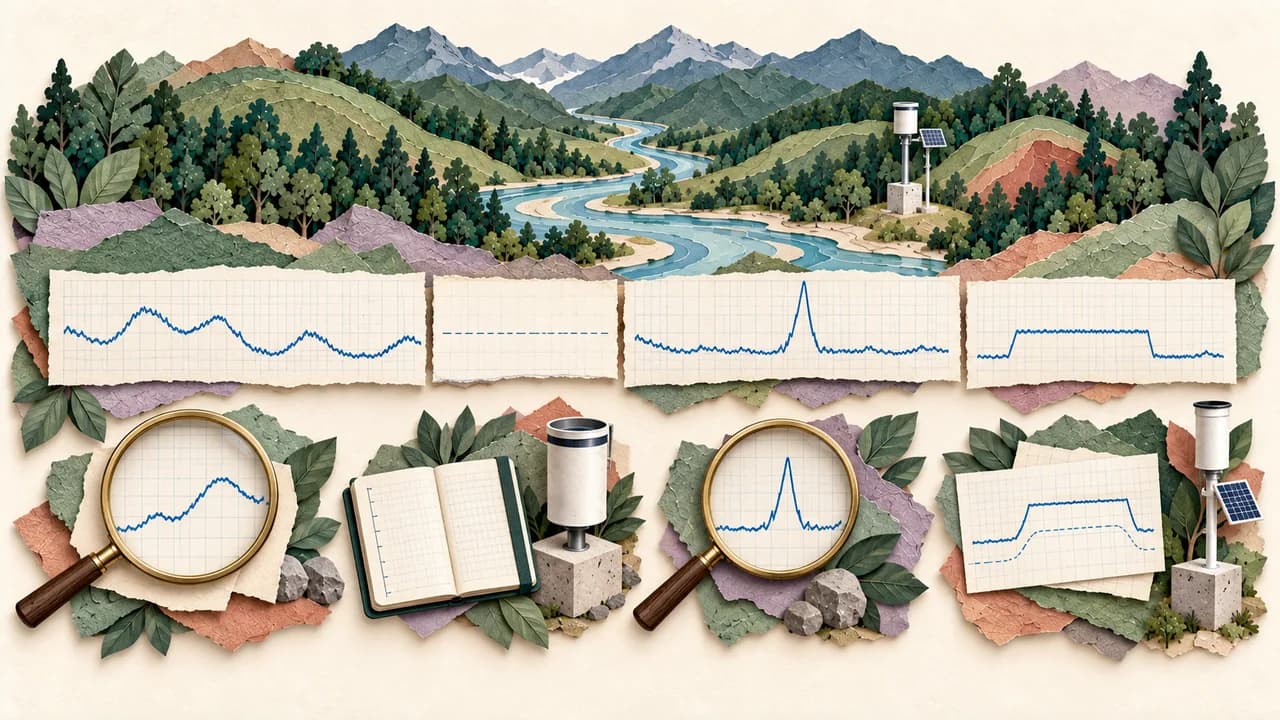 Sequência de gráficos em papel mostra trecho contínuo, lacuna, pico isolado e patamar repetido sob instrumentos de conferência.