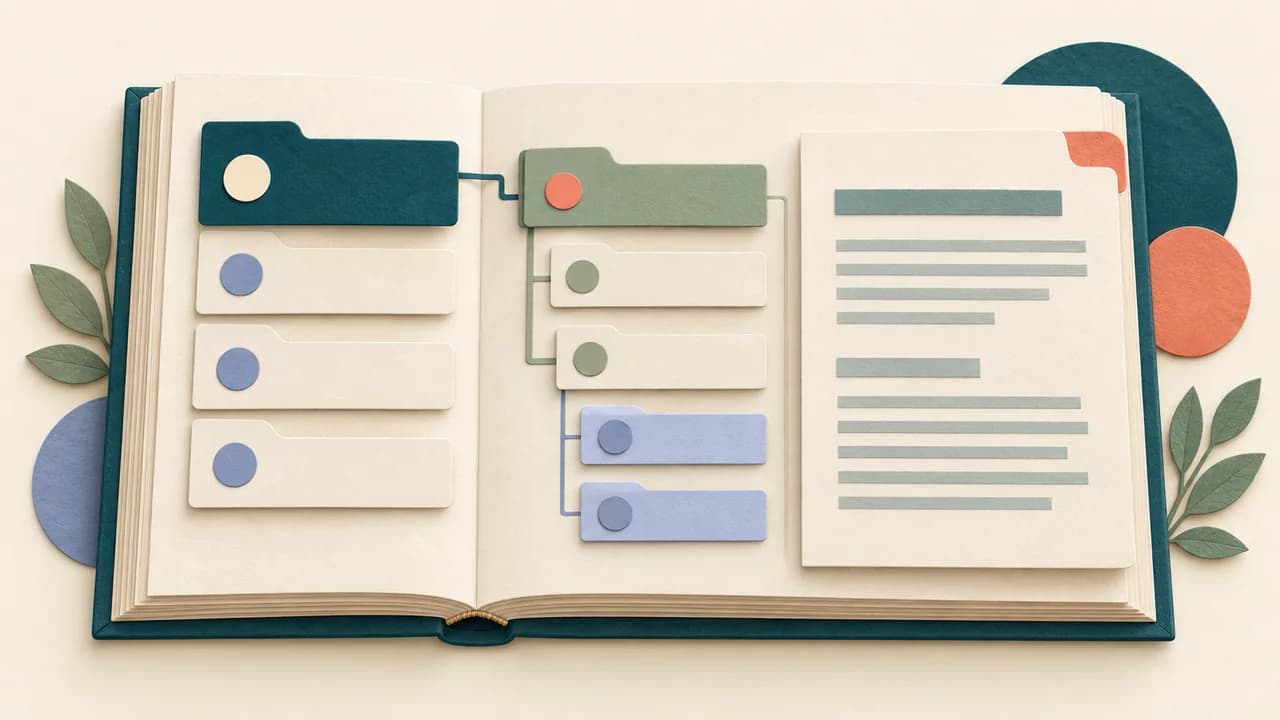 Uma estrutura de títulos forma um caminho navegável entre capítulos, seções e conteúdo do TCC.