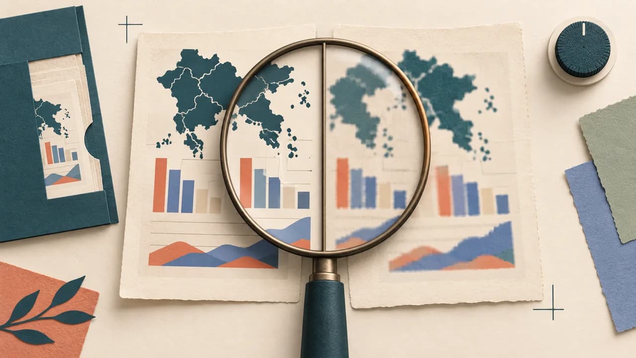 Uma lente compara a mesma figura em compactação equilibrada e excessiva, revelando linhas preservadas e detalhes perdidos.
