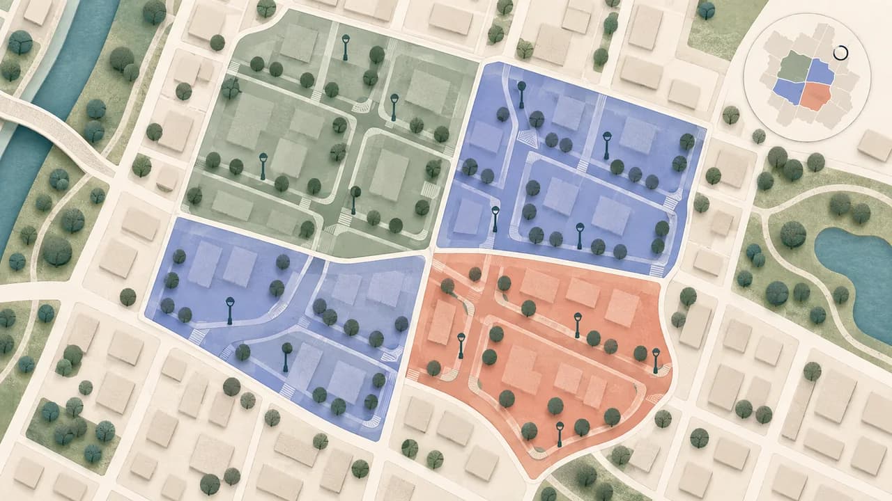 Setores urbanos recebem cores conforme variáveis agregadas, enquanto os edifícios permanecem sem identificação individual.